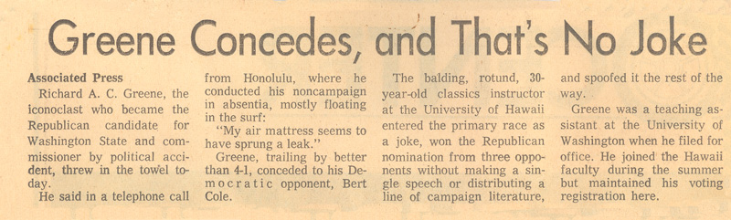 Richard AC Greene Concedes, The Seattle Times, Nov 6, 1968